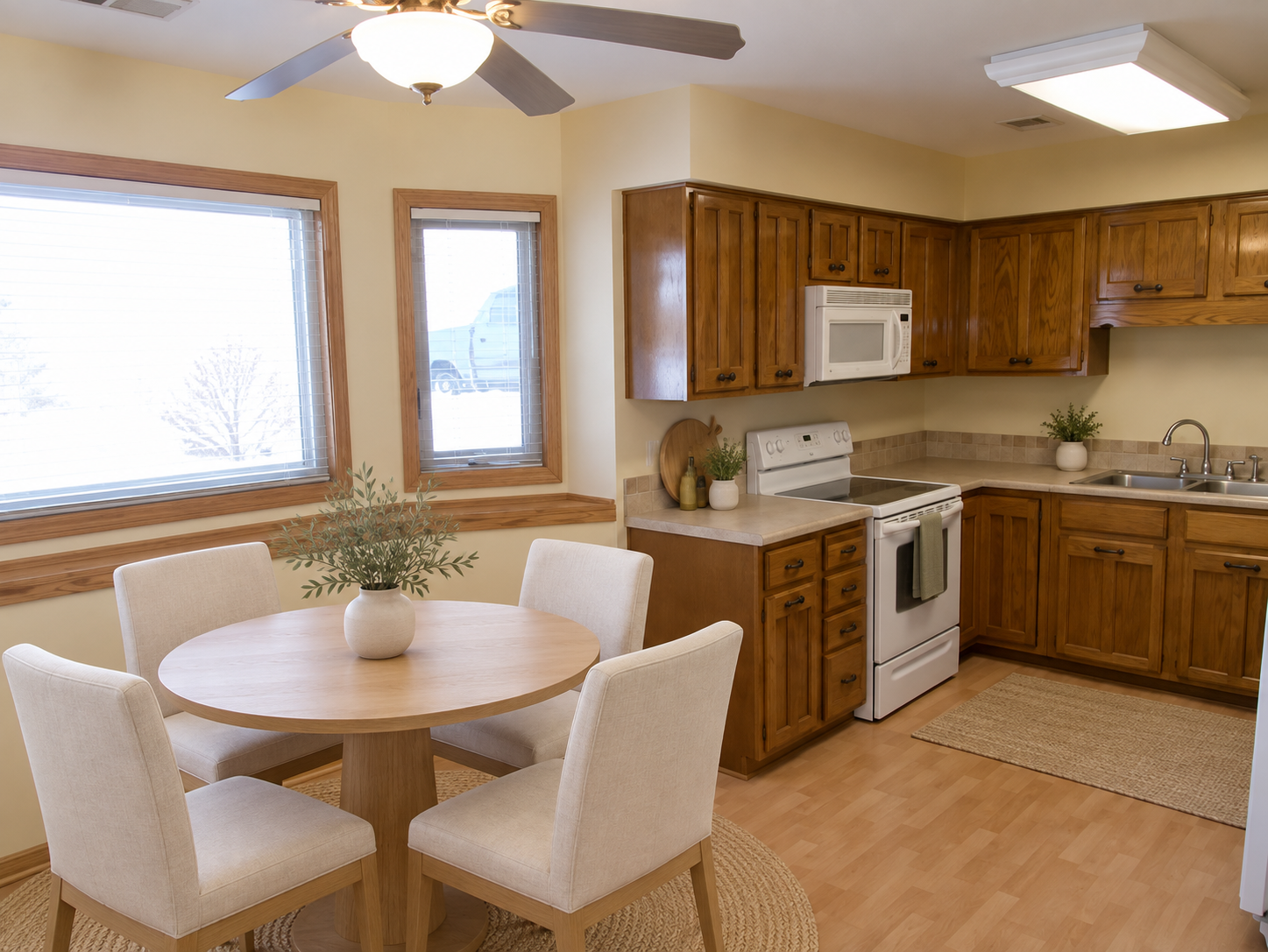 Kitchen and dining area with warm wood cabinets, white appliances, and a round table beside snowy windows.
