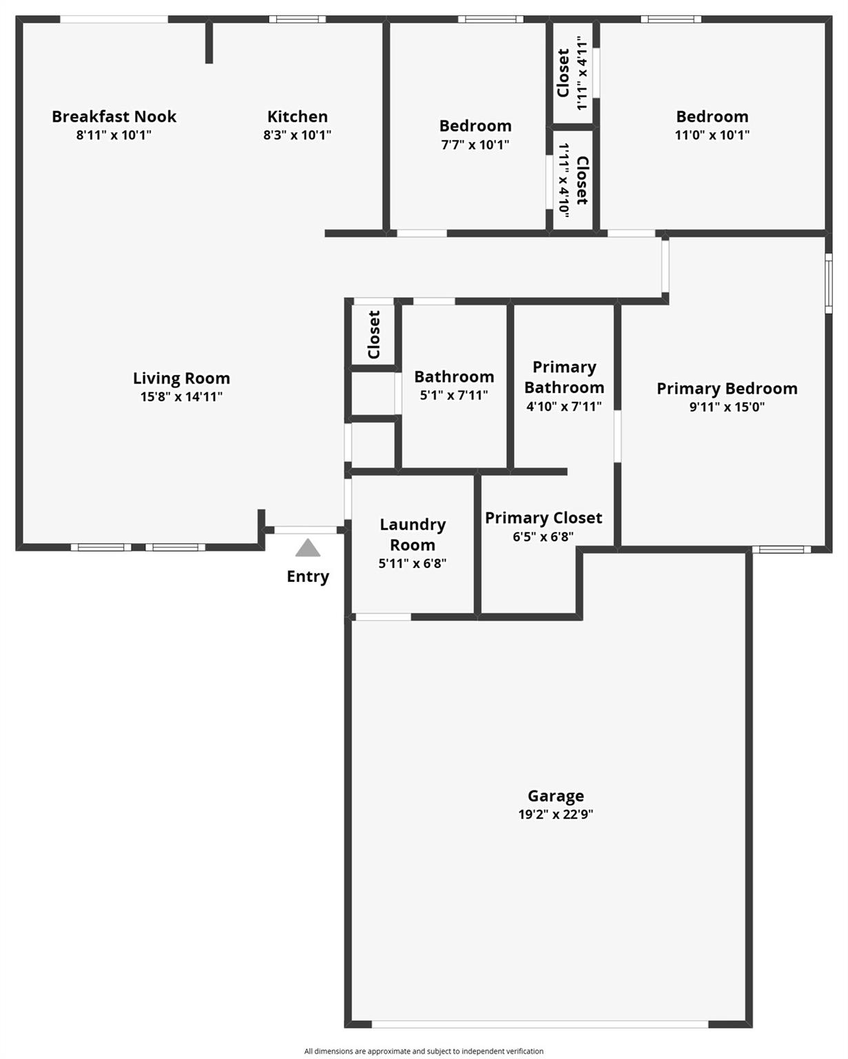 Floor plan showing three bedrooms, two bathrooms, living room, kitchen, laundry room, and garage.