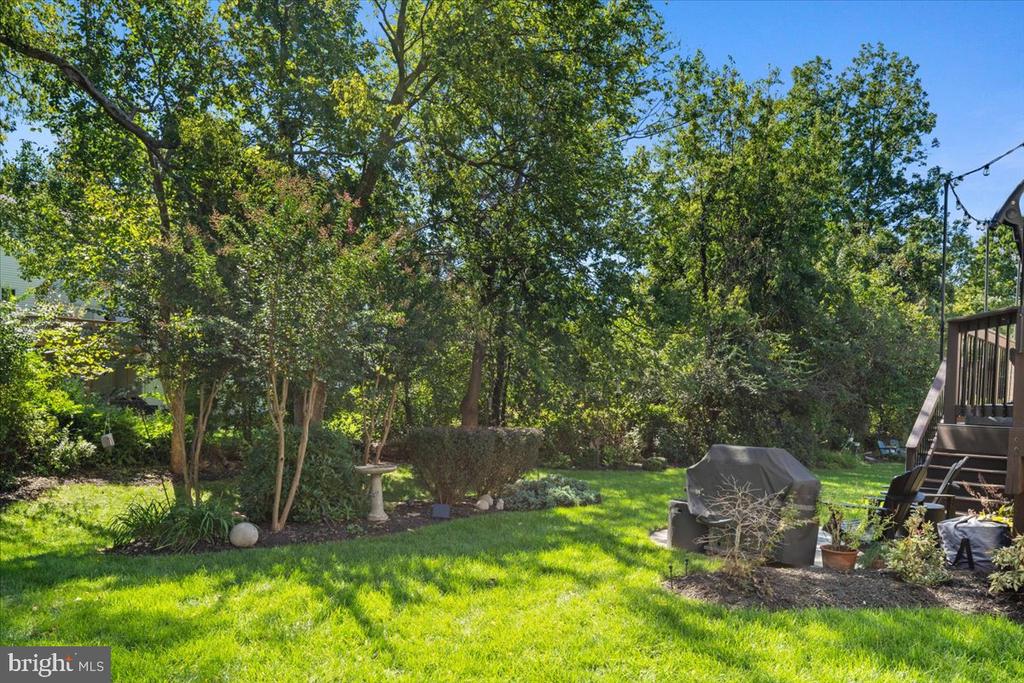 Backyard with a sunny lawn, mature trees, patio furniture, and a raised deck.