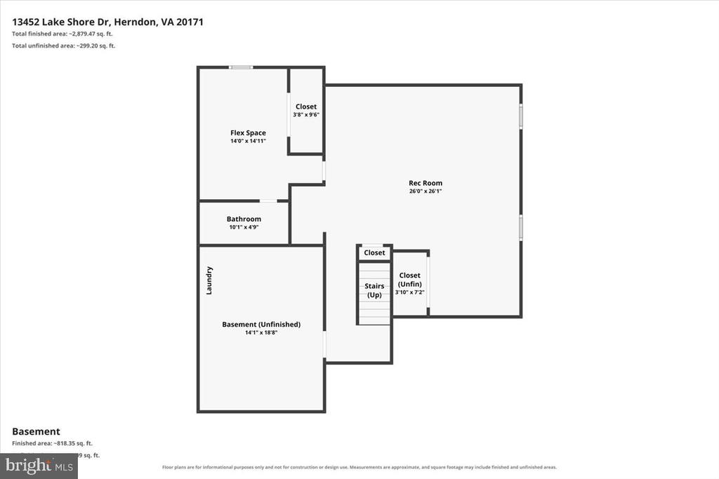 Basement floor plan showing a large recreation room, flex space, bathroom, laundry, closets, and stairs.