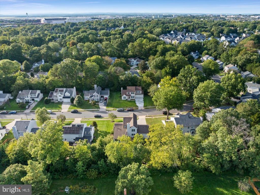Aerial view of a leafy neighborhood with detached homes, winding streets, and wooded green space.