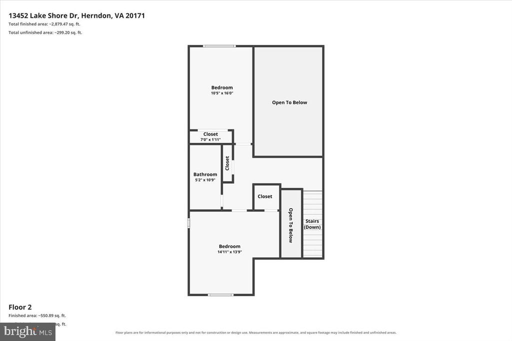 Second-floor plan showing two bedrooms, a bathroom, closets, stairs, and open-to-below areas.