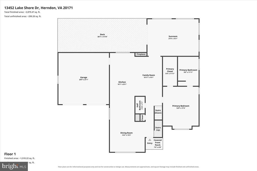 First-floor plan for 13452 Lake Shore Drive, with a deck, sunroom, garage, and covered front porch.