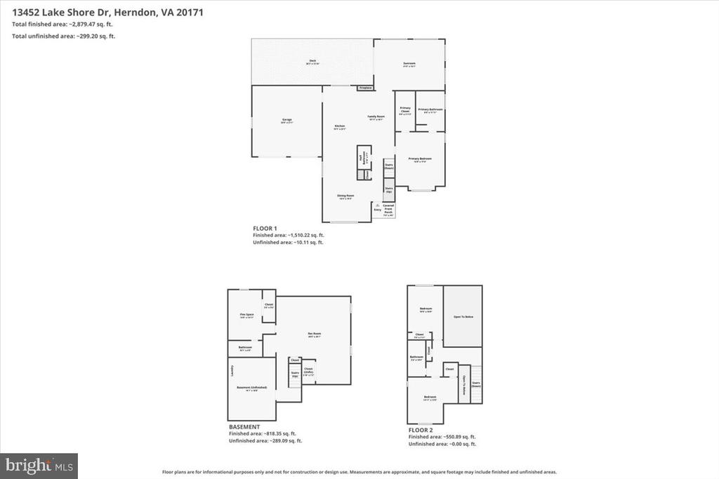 Floor plans for 13452 Lake Shore Drive showing the first floor, basement, and second floor.