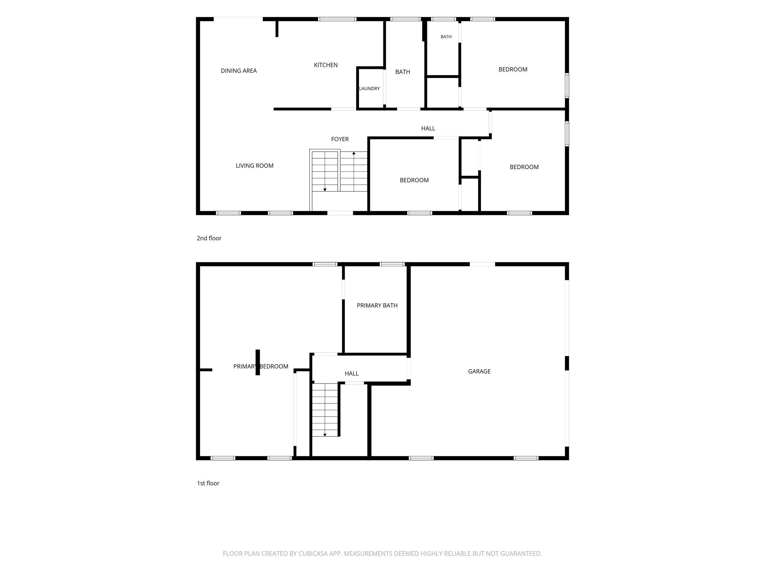 Two-level floor plan showing four bedrooms, living room, kitchen, dining area, bathrooms, laundry, and garage.