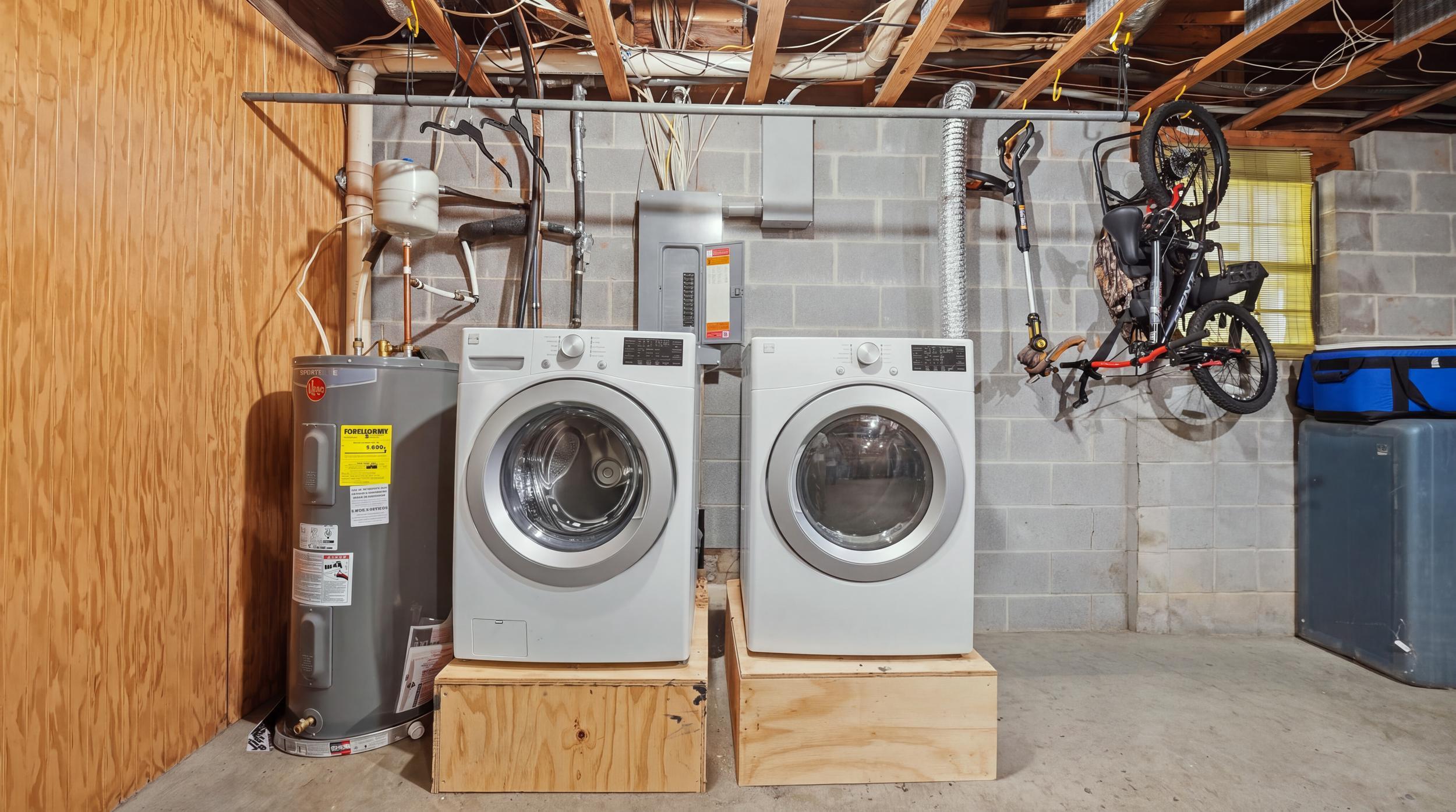 Basement laundry area with a front-loading washer and dryer beside a water heater.
