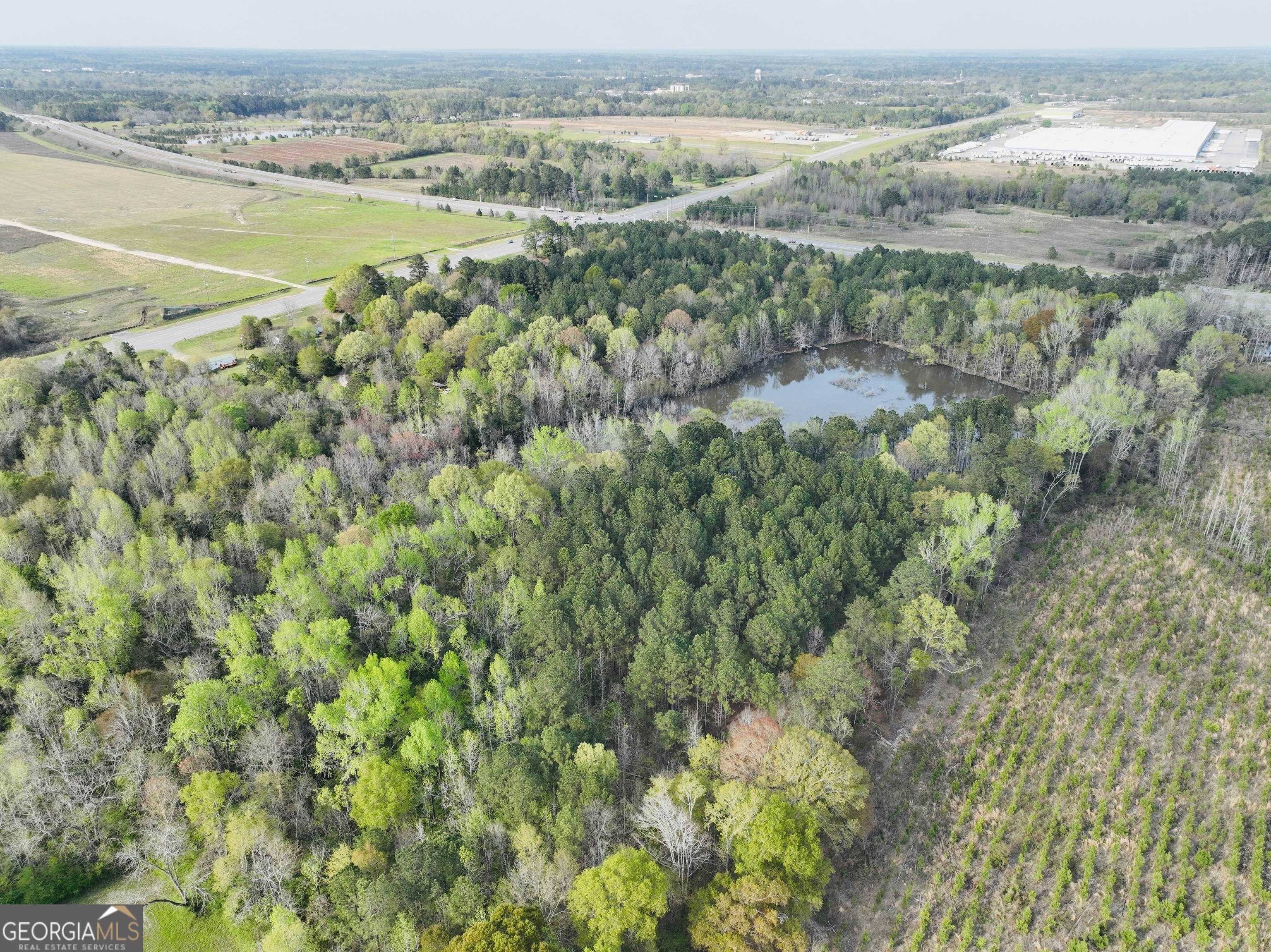 Aerial view of wooded acreage with a pond, open fields, and a planted field.