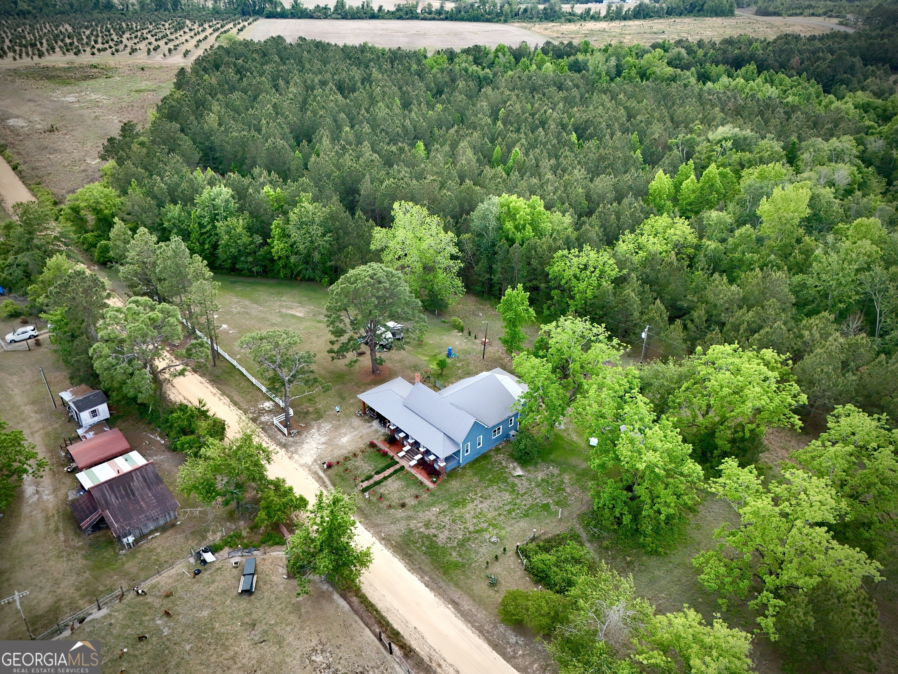 Blue house and outbuildings amid wooded acreage, viewed from above beside a dirt road.