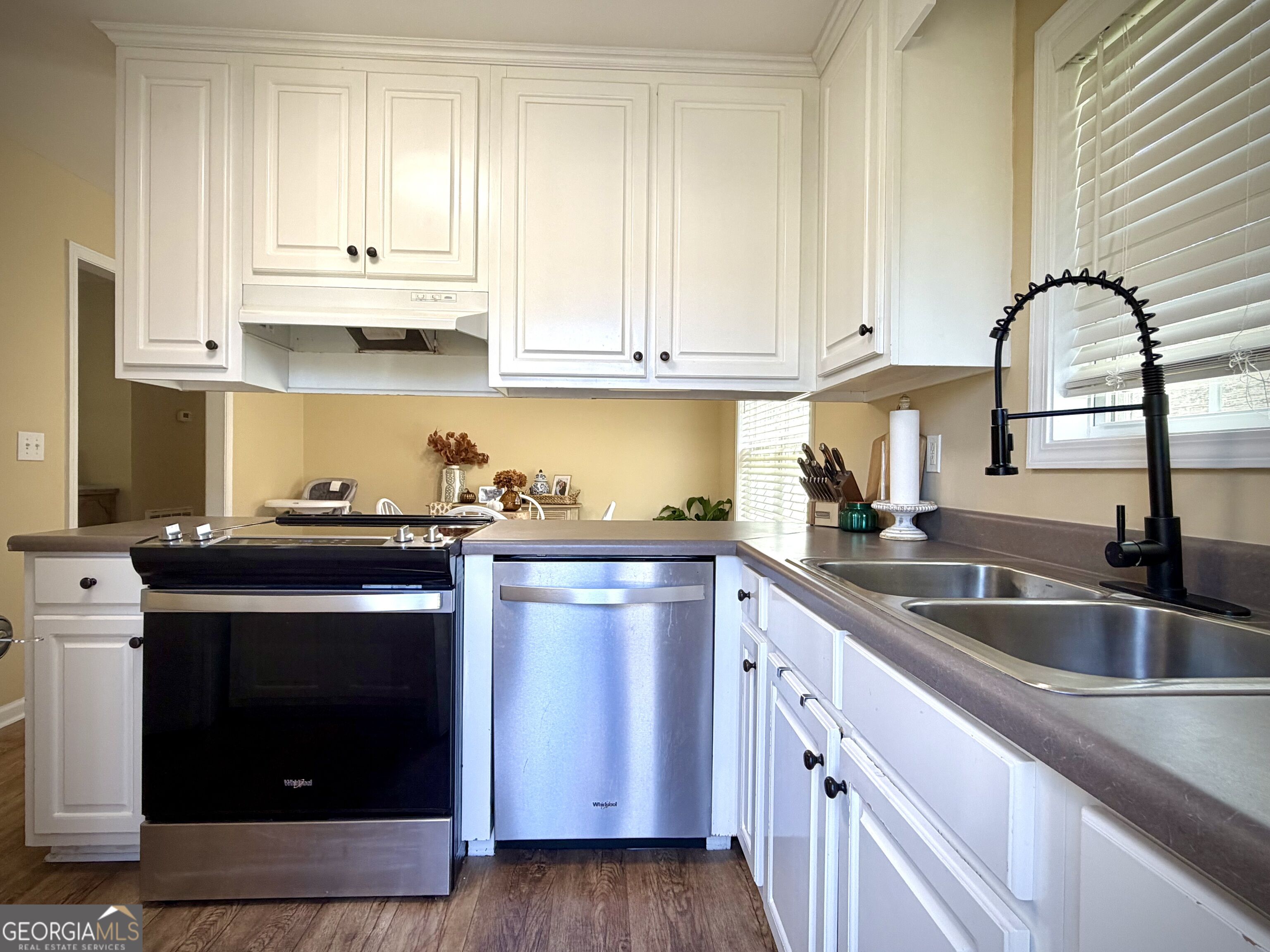 Kitchen with white cabinets, stainless steel dishwasher, and double sink beneath a window.