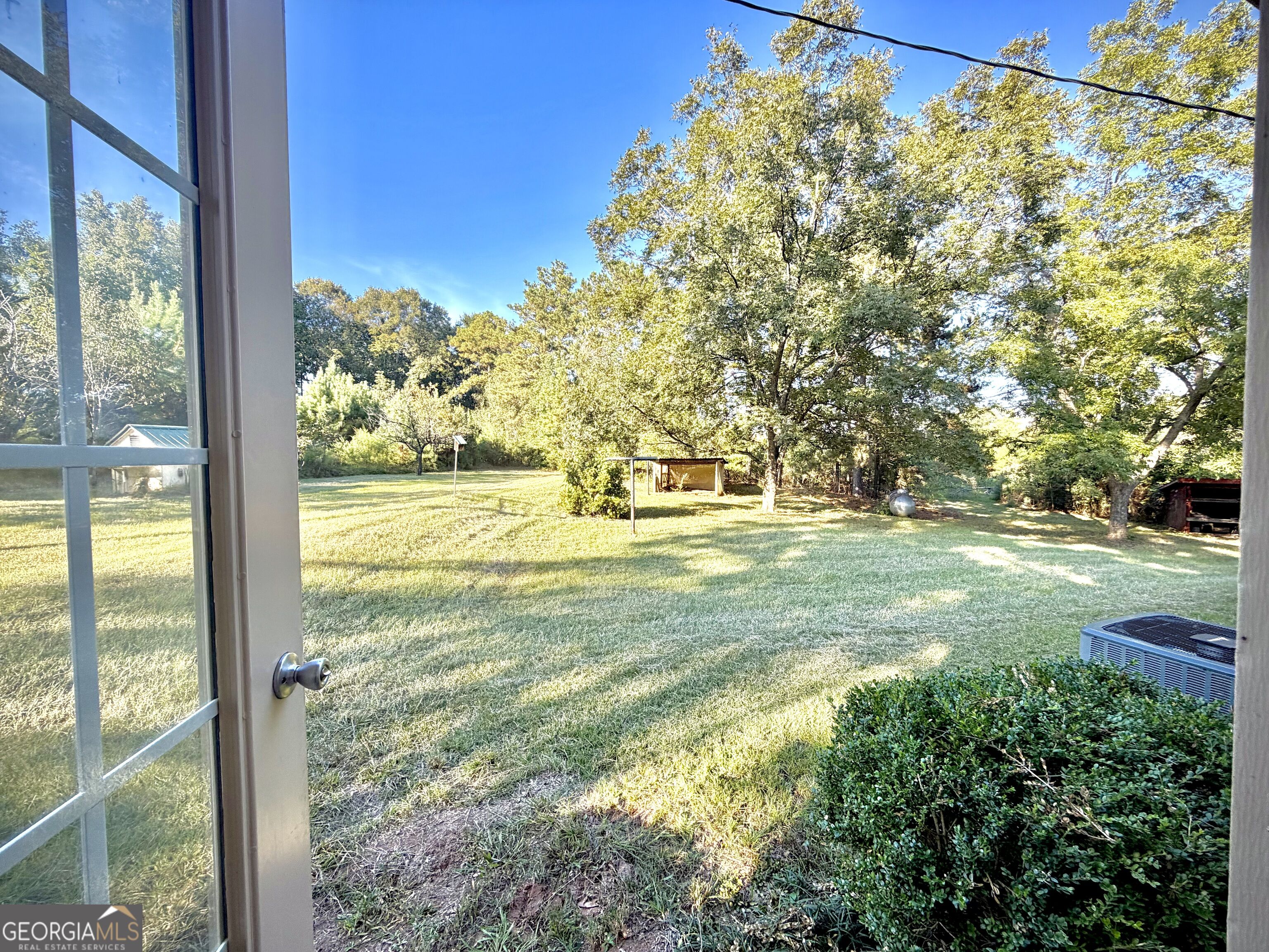 Grassy backyard with mature trees and a small outbuilding, viewed through an open doorway.