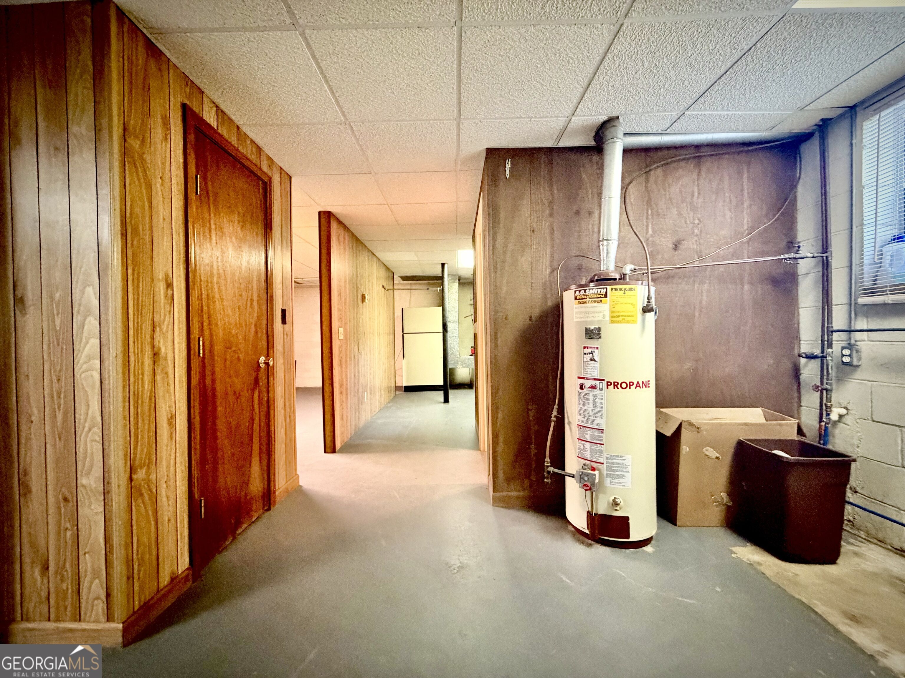 Basement utility area with a propane water heater beside a wood-paneled hallway.