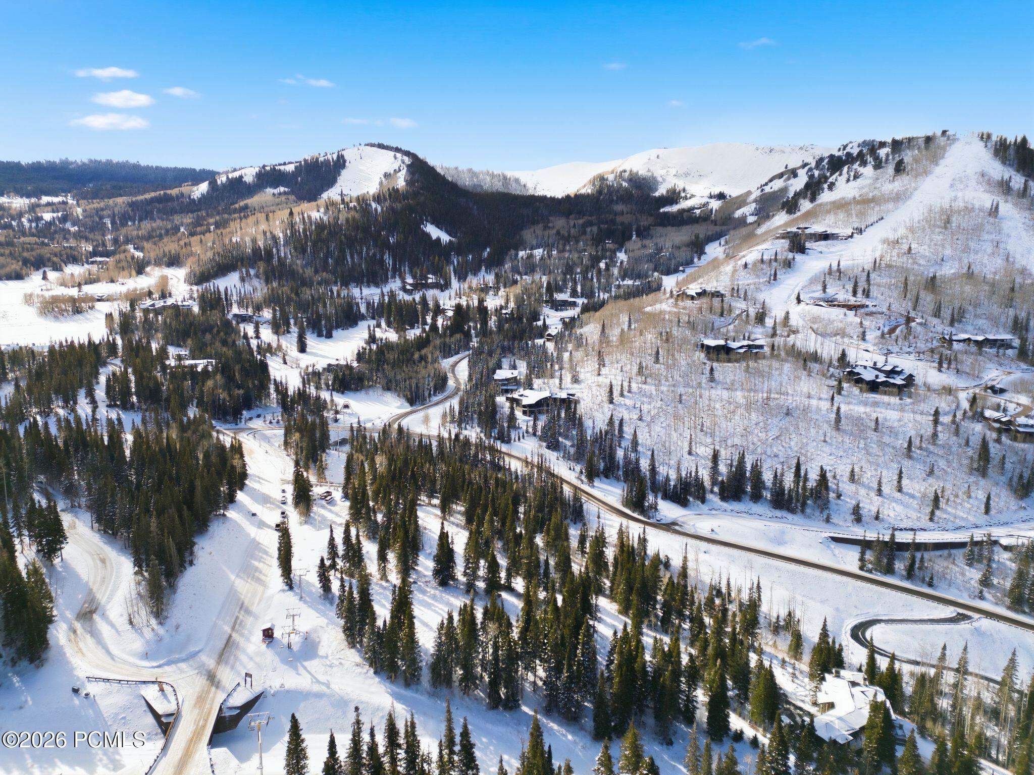 Aerial view of snow-covered mountain homes and winding roads among evergreen trees.