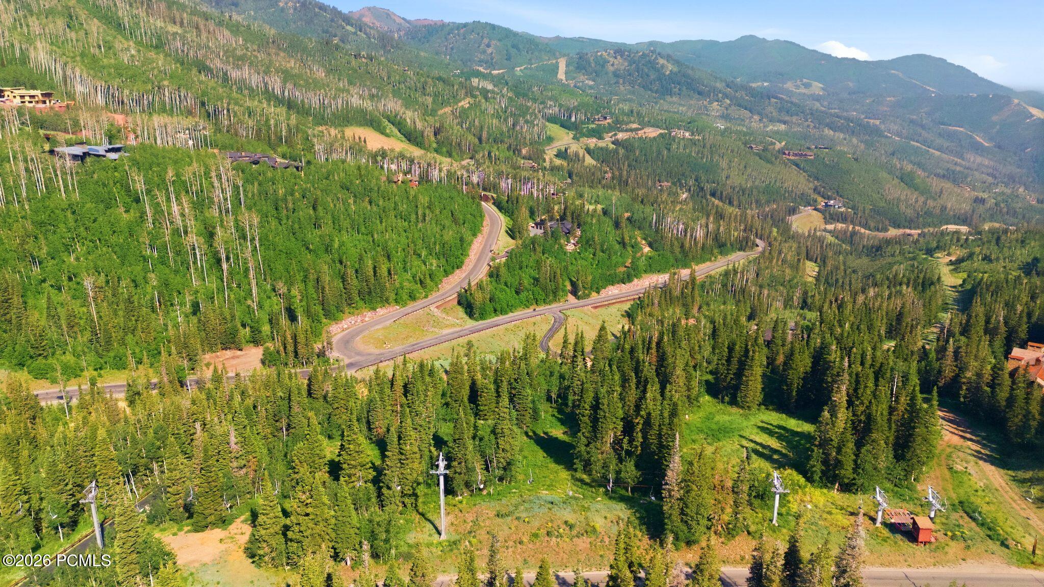 Aerial view of winding roads and scattered homes in a forested mountain neighborhood.