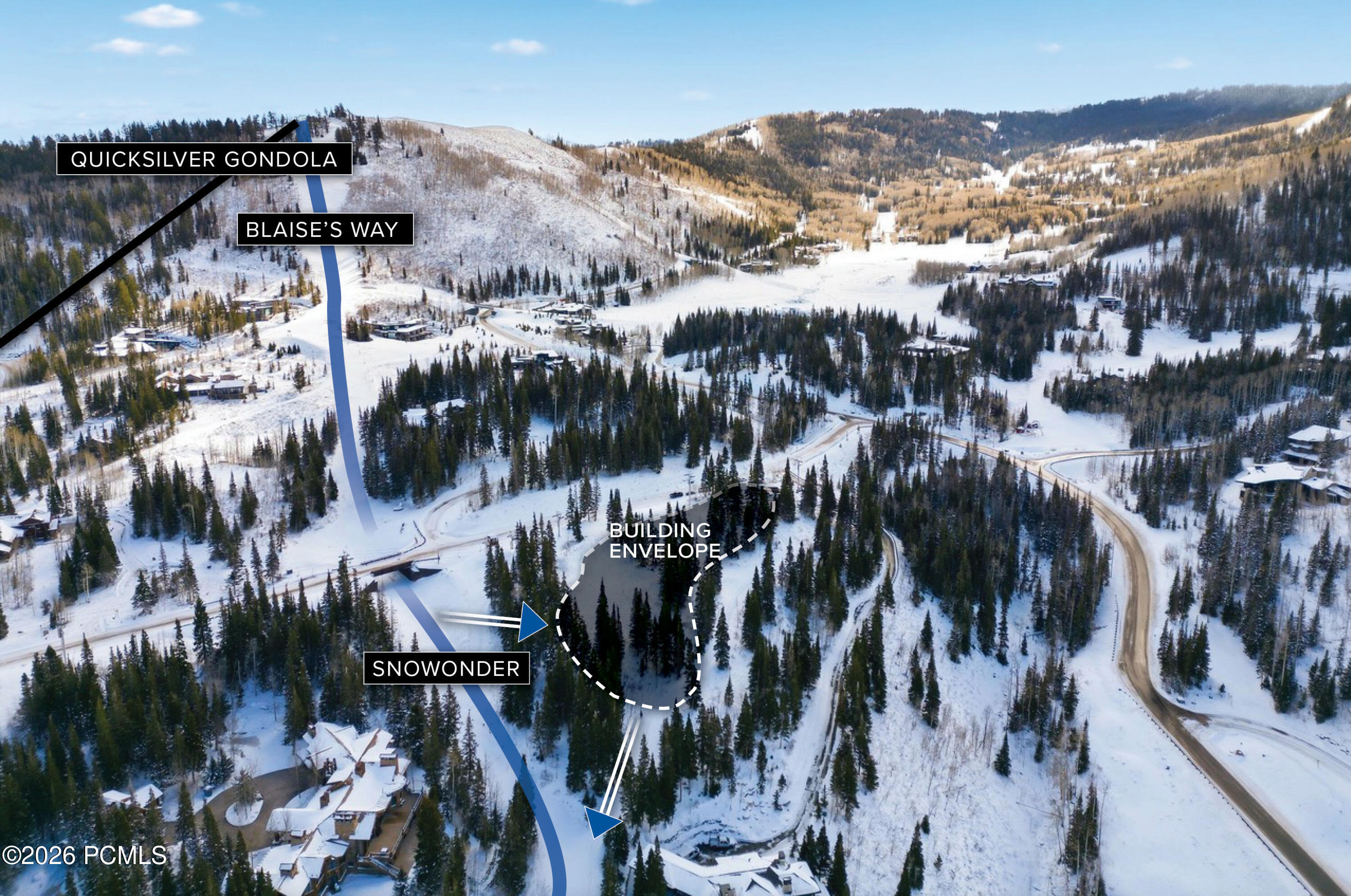 Aerial map marking a building envelope near Quicksilver Gondola, Blaise’s Way, and Snowonder.