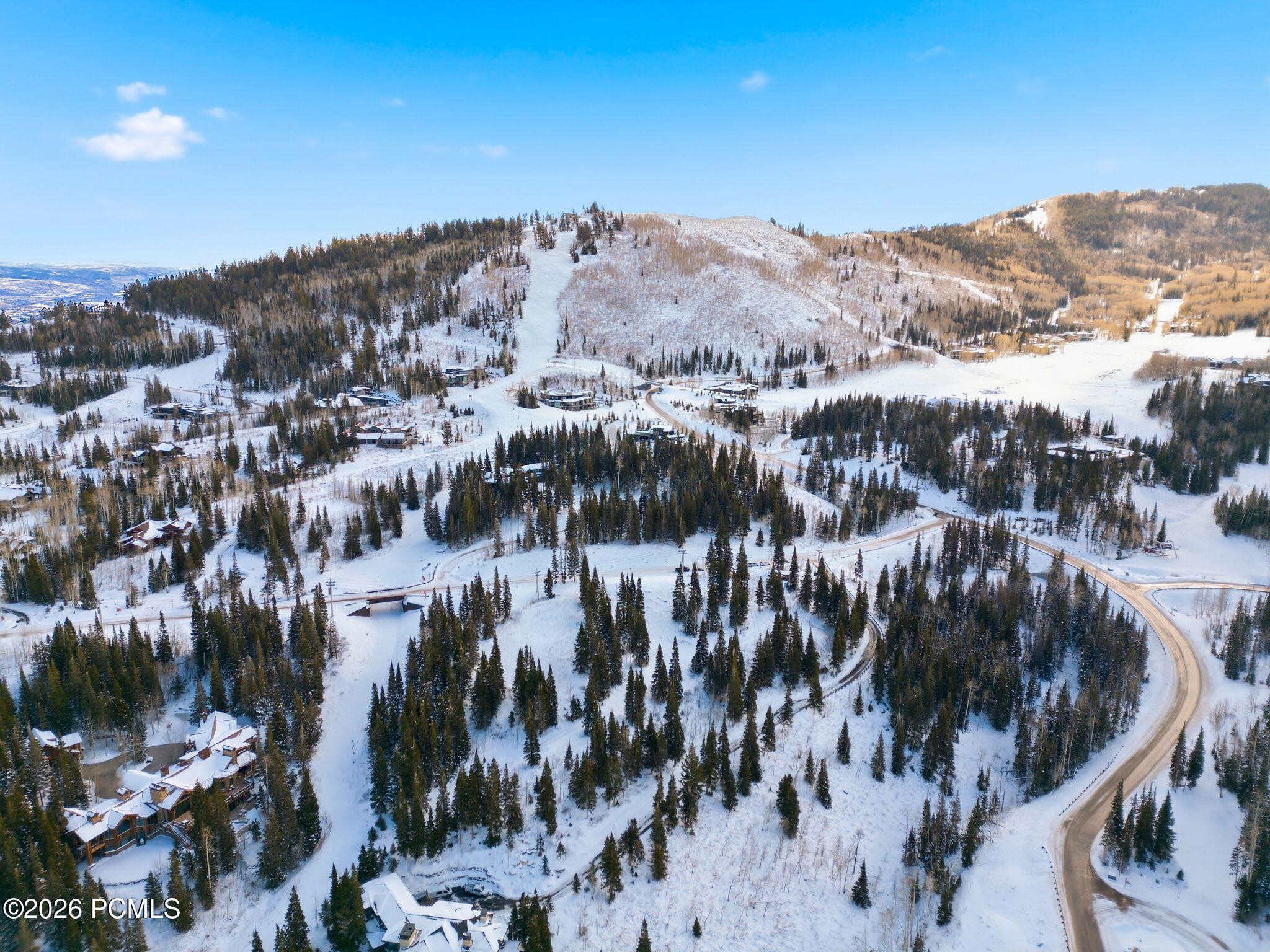 Snow-covered mountain neighborhood with homes among evergreen trees, winding roads, and ski runs.