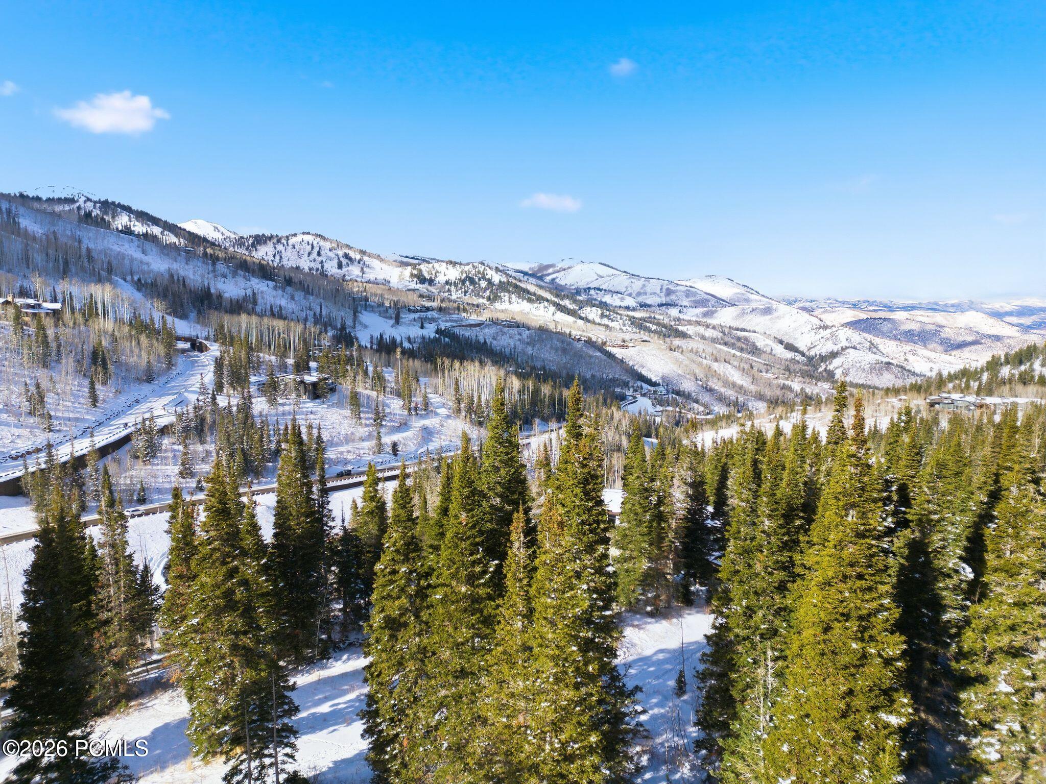 Aerial view of a snowy mountain neighborhood with evergreen forest, winding roads, and distant ridges.