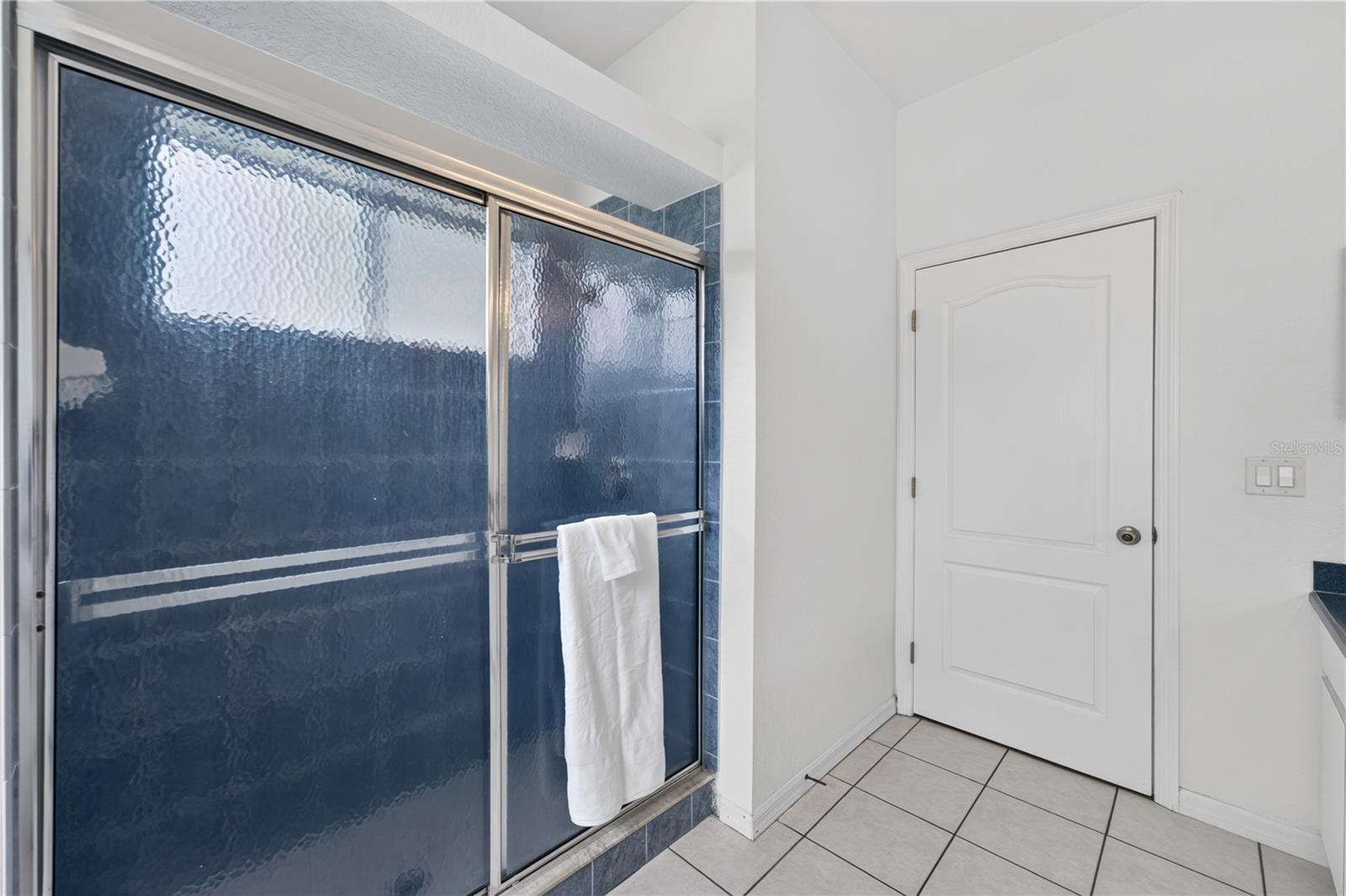 Bathroom with a blue textured-glass shower enclosure and a white towel.