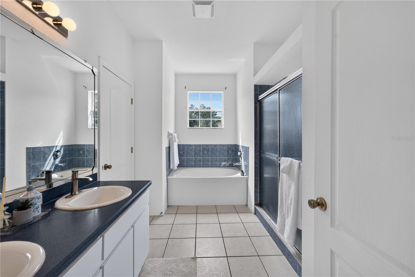 Bathroom with a tub beneath a window, glass shower, and double-sink vanity.