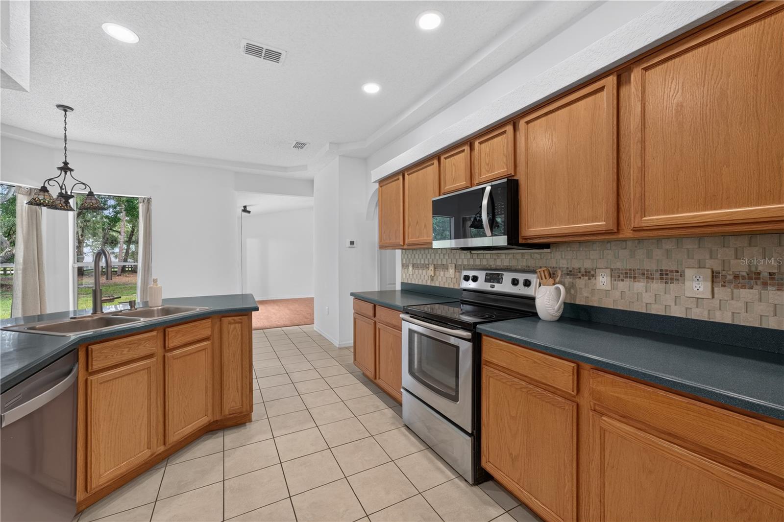 Kitchen with honey-colored wood cabinets, dark countertops, and stainless steel appliances.