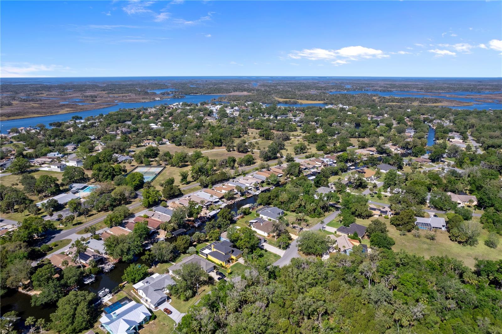 Aerial view of a Homosassa neighborhood with tree-lined canals and wetlands stretching toward the horizon.