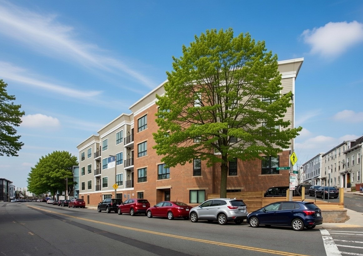 Multi-story brick and siding apartment building behind a large leafy street tree.