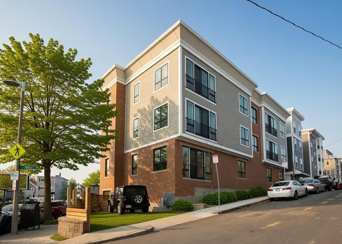 Multi-unit apartment building with gray siding, brick lower floor, and balconies on a Boston street.