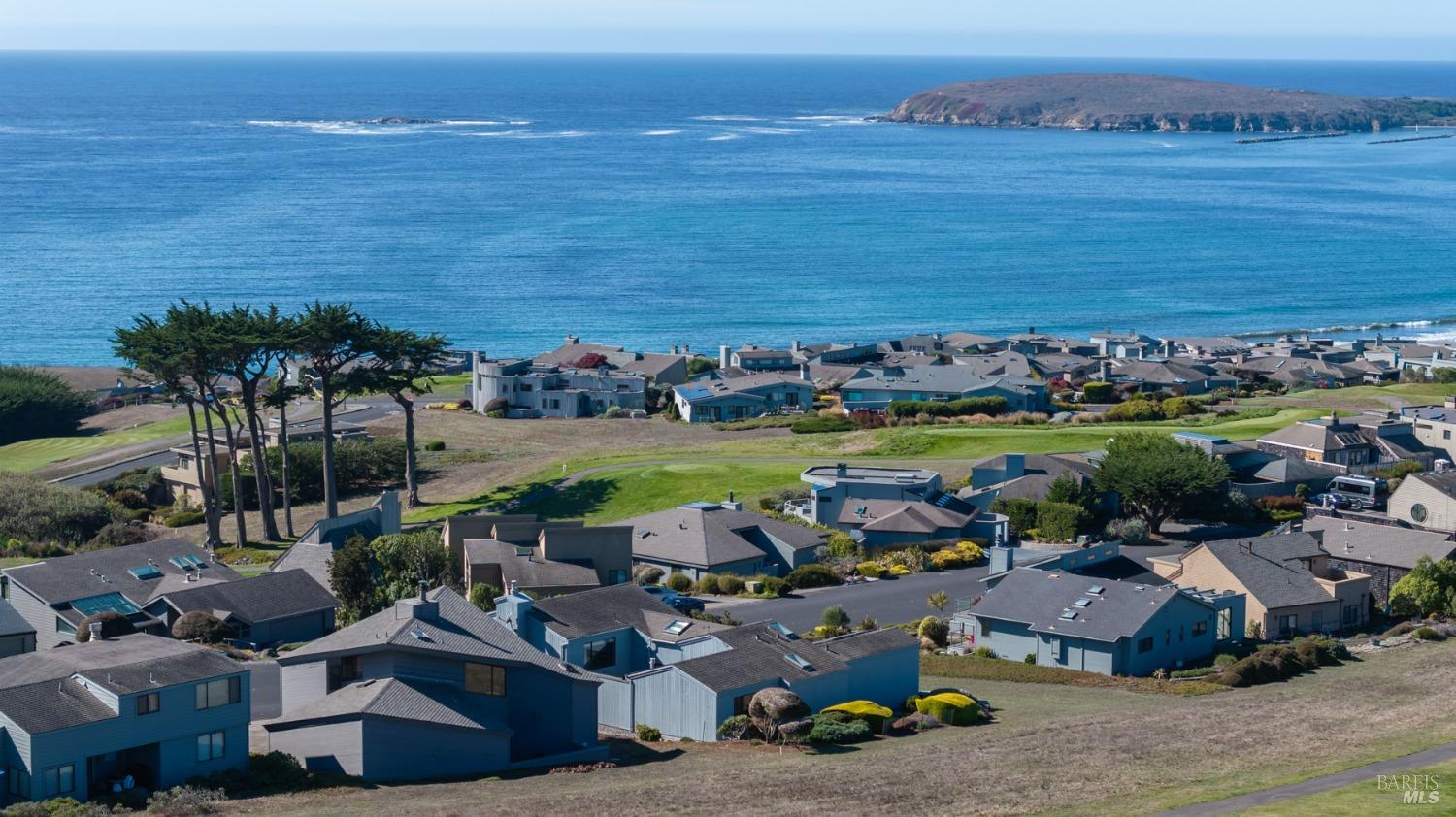 Coastal neighborhood overlooking the ocean, with homes, cypress trees, and a distant headland.