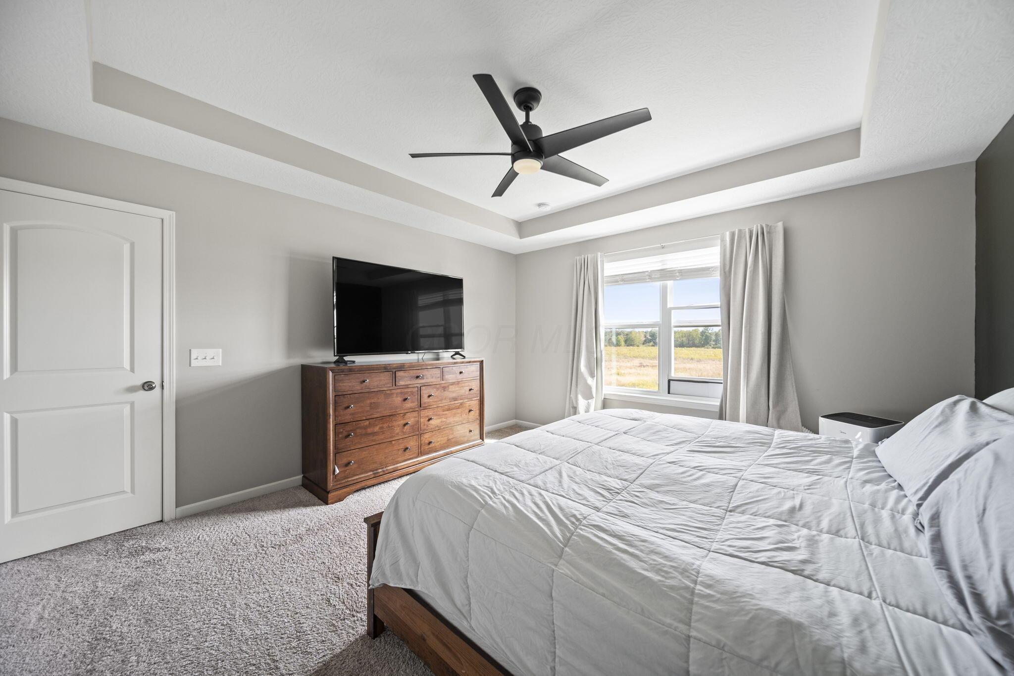 Bedroom with a white bed, wood dresser and TV, and a tray ceiling with a black fan.