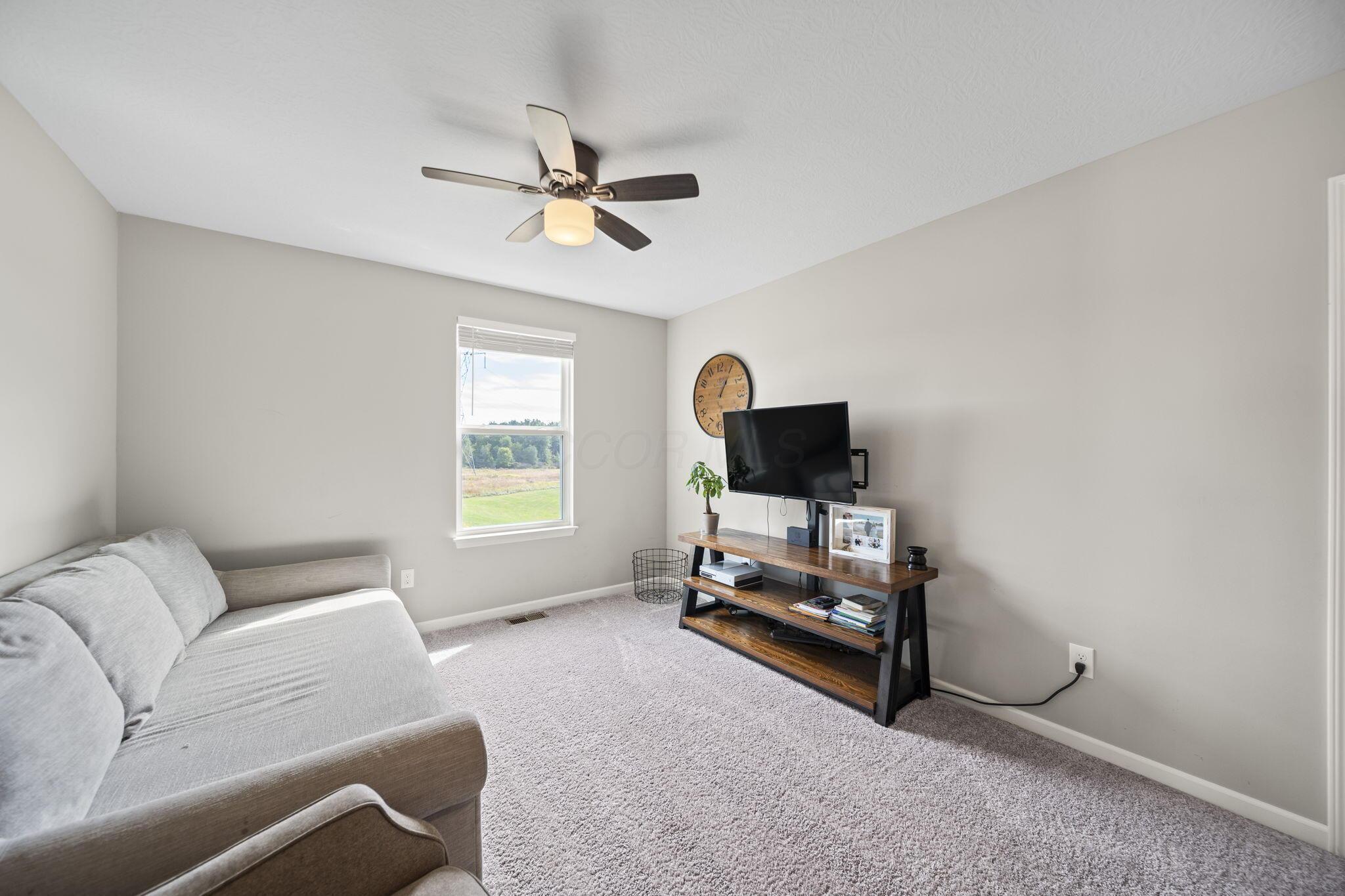Living room with a gray sofa, carpet, ceiling fan, and window overlooking a grassy field.