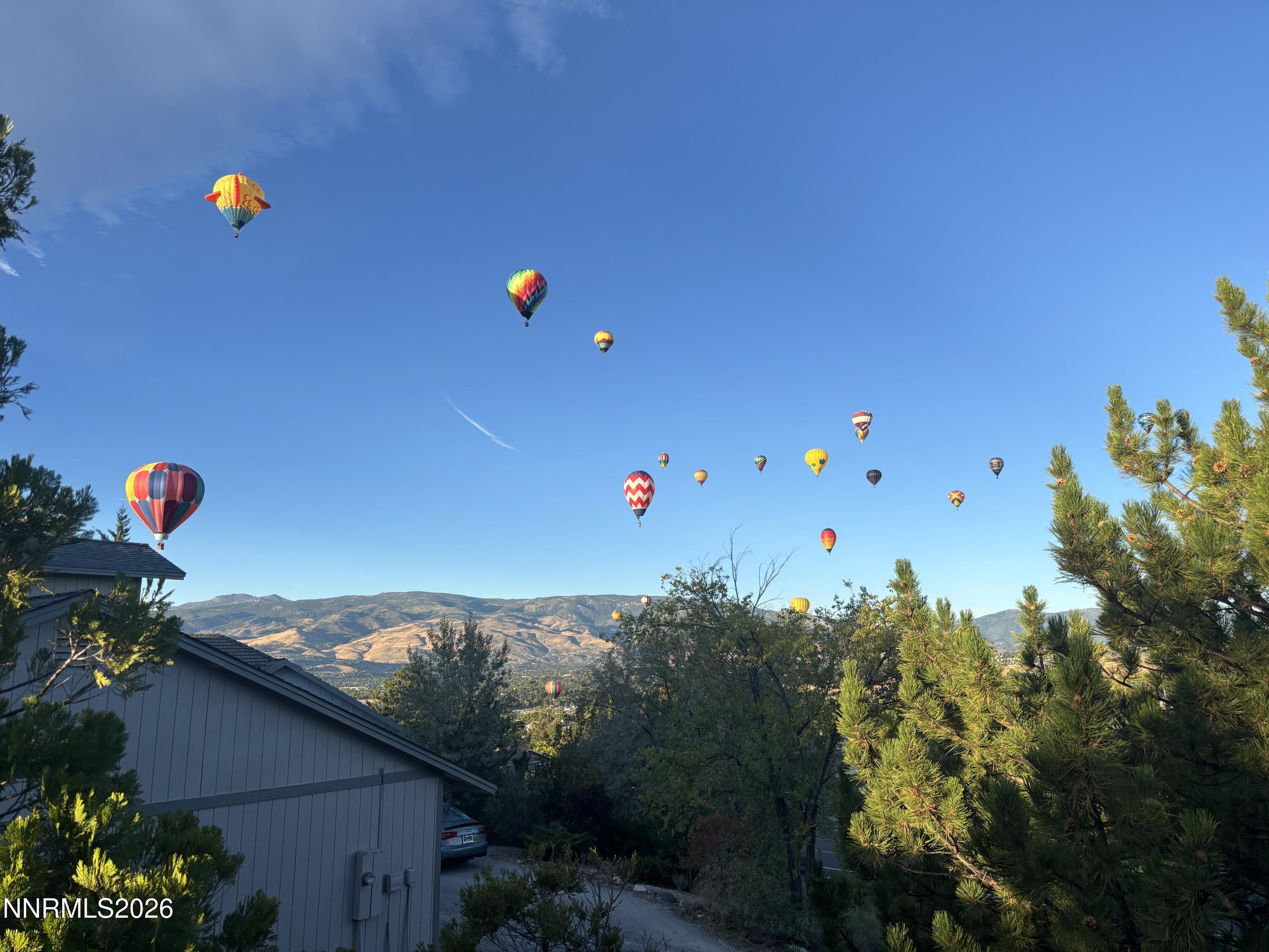 Mountain view with colorful hot air balloons above the home's roof and pine trees.
