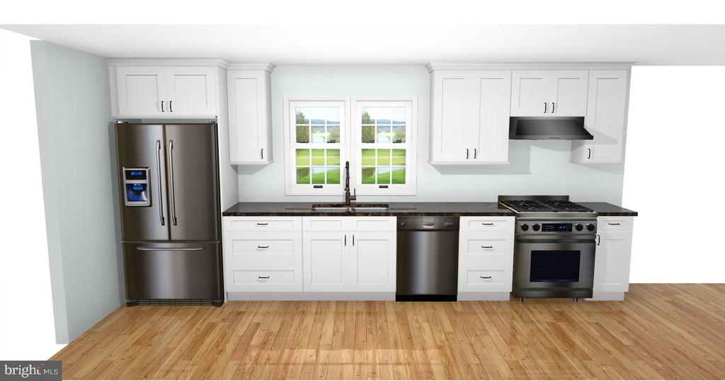 Rendered kitchen with white cabinets, stainless steel appliances, dark countertops, and light wood flooring.