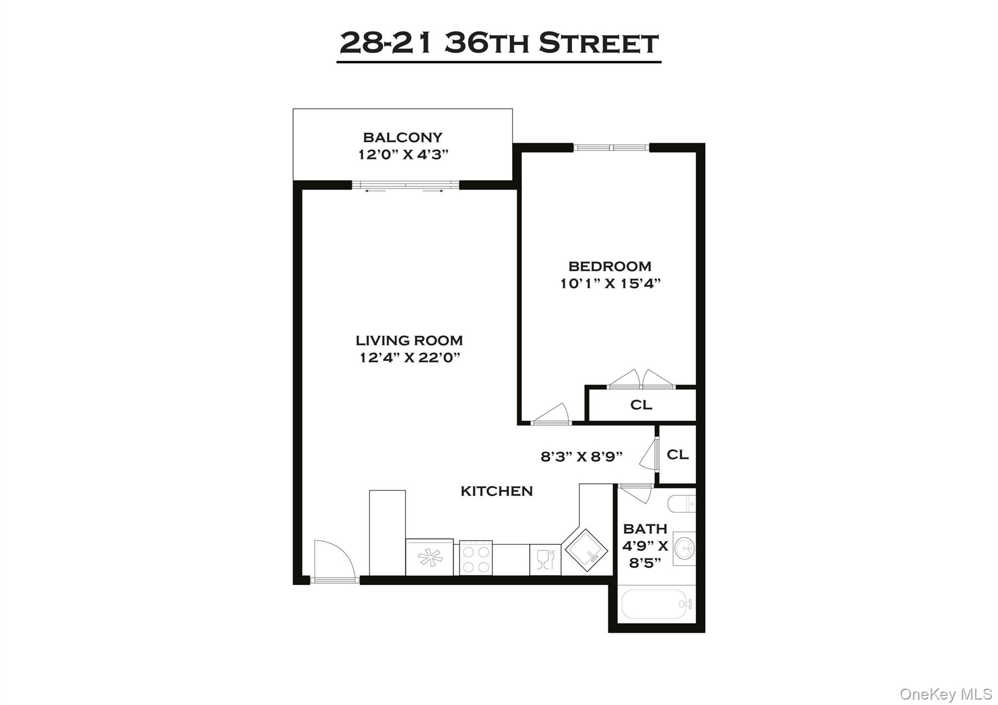 Floor plan of a one-bedroom apartment with a long living room, kitchen, and balcony.