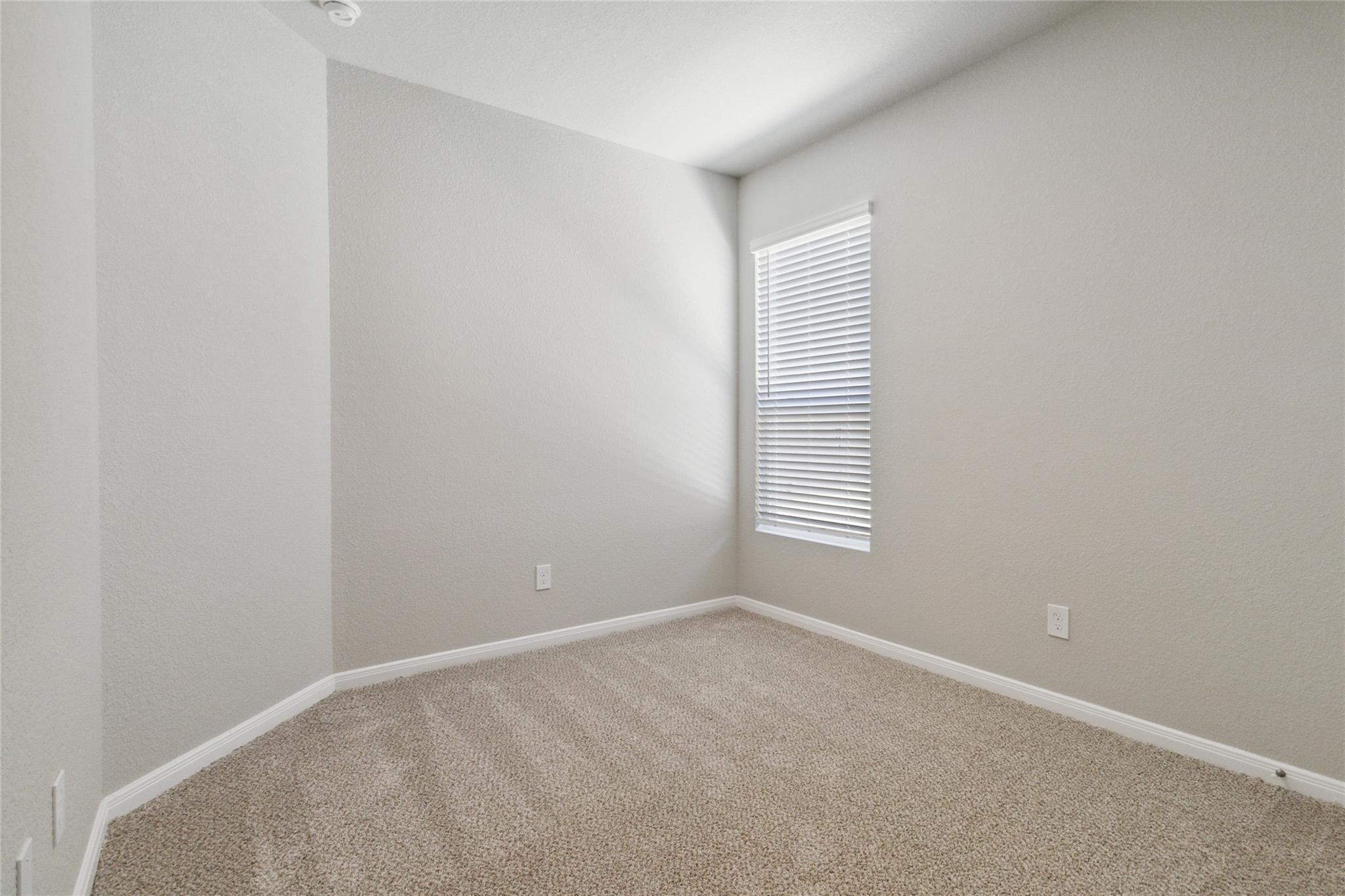 Empty bedroom with beige carpet and a window covered by white blinds.