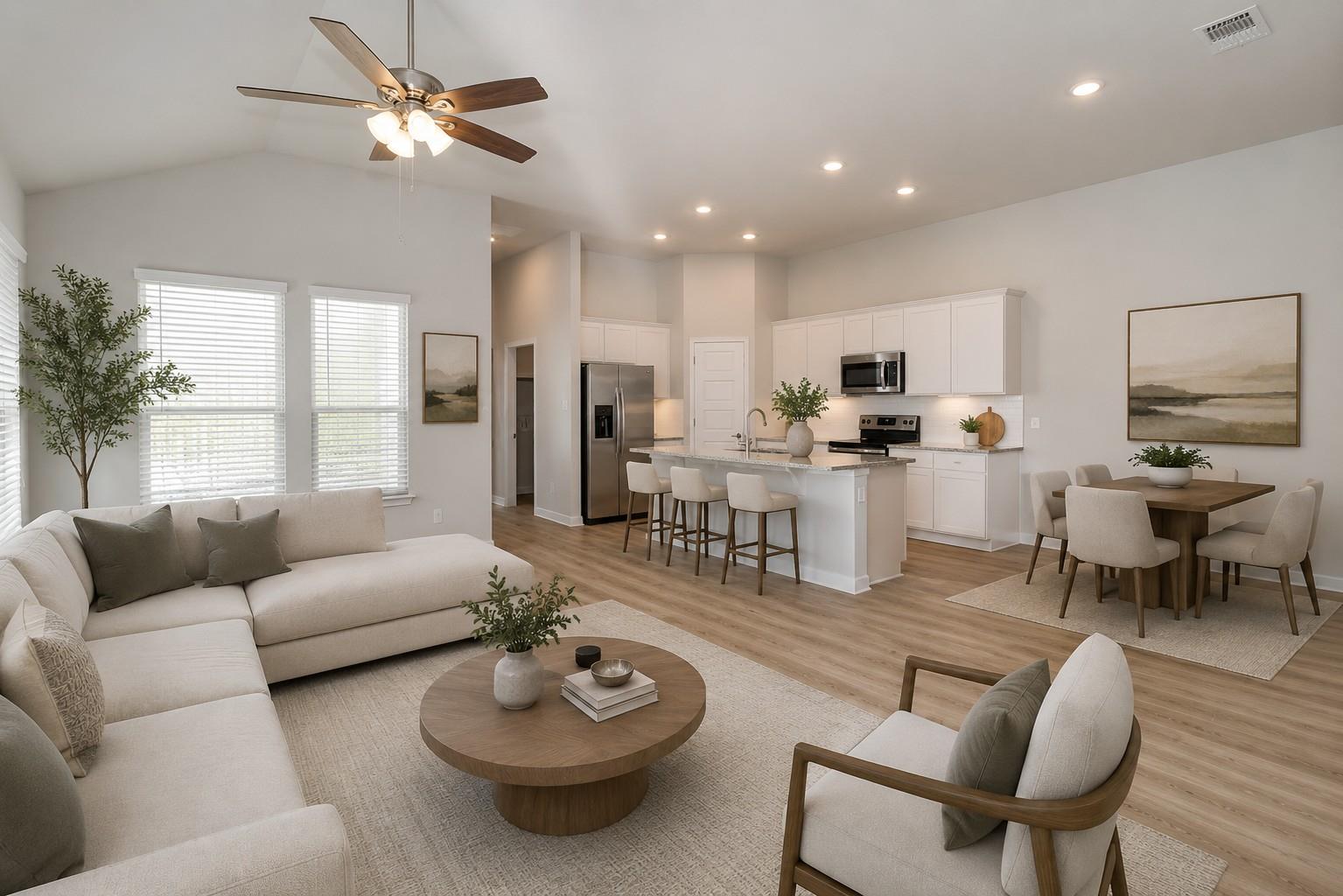 Open-plan living room and kitchen with a large island, white cabinetry, and a furnished dining area.