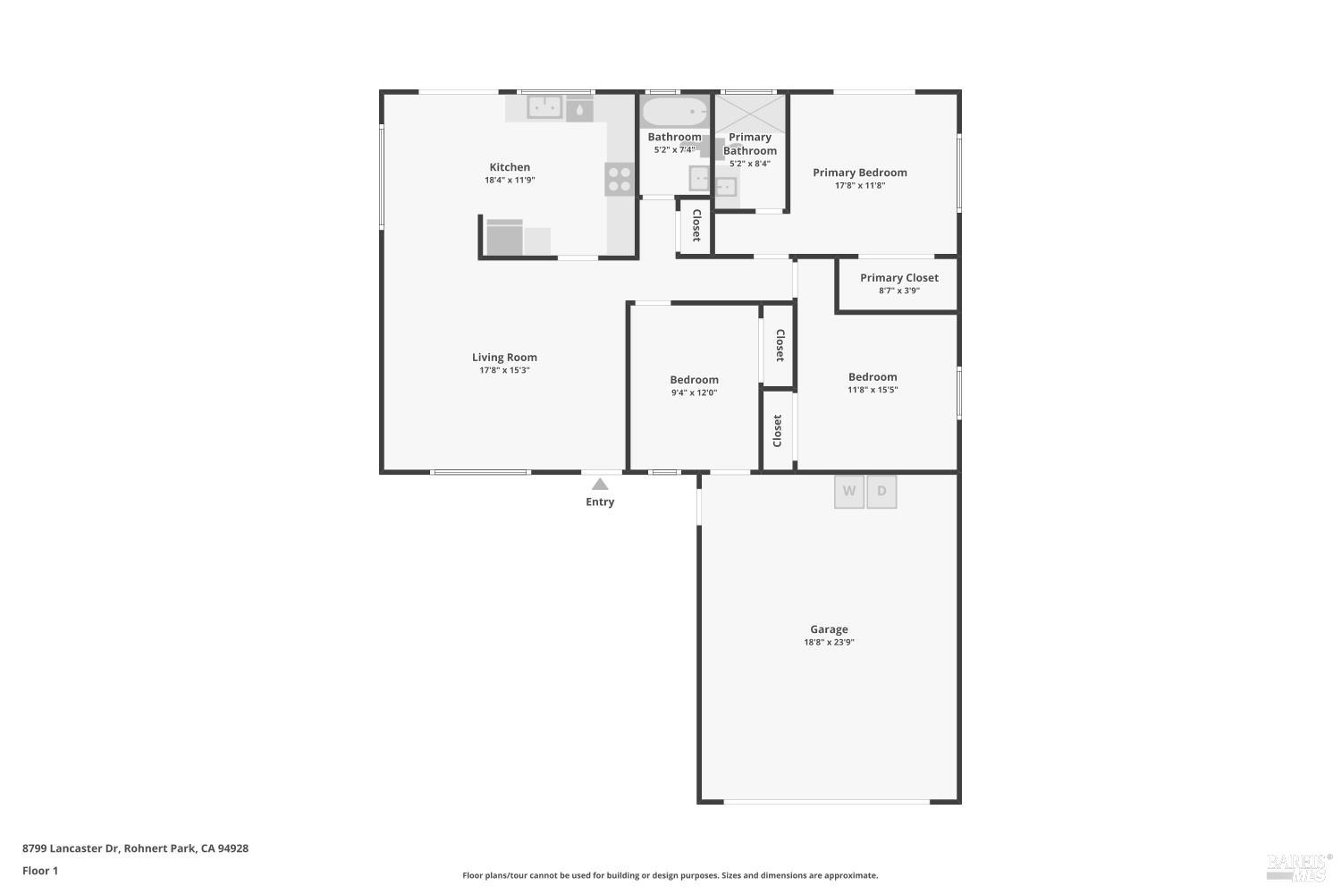 Floor plan showing three bedrooms, two bathrooms, living room, kitchen, and attached garage.