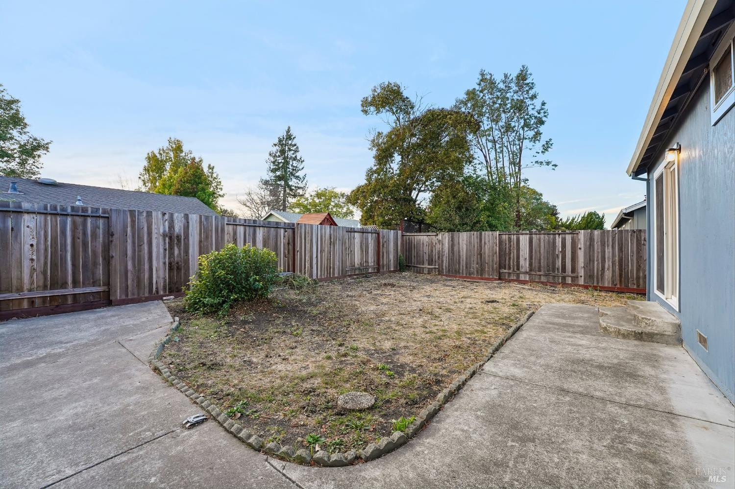 Fenced backyard with a patchy lawn, concrete walkways, and a small shrub beside the house.