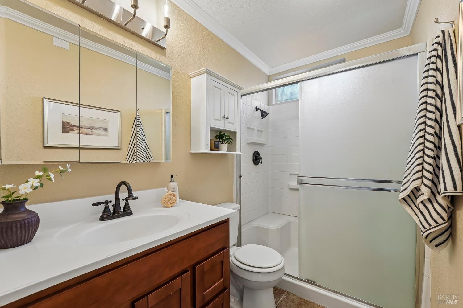 Bathroom with dark wood vanity, mirrored cabinet, and tub-shower behind a frosted glass door.