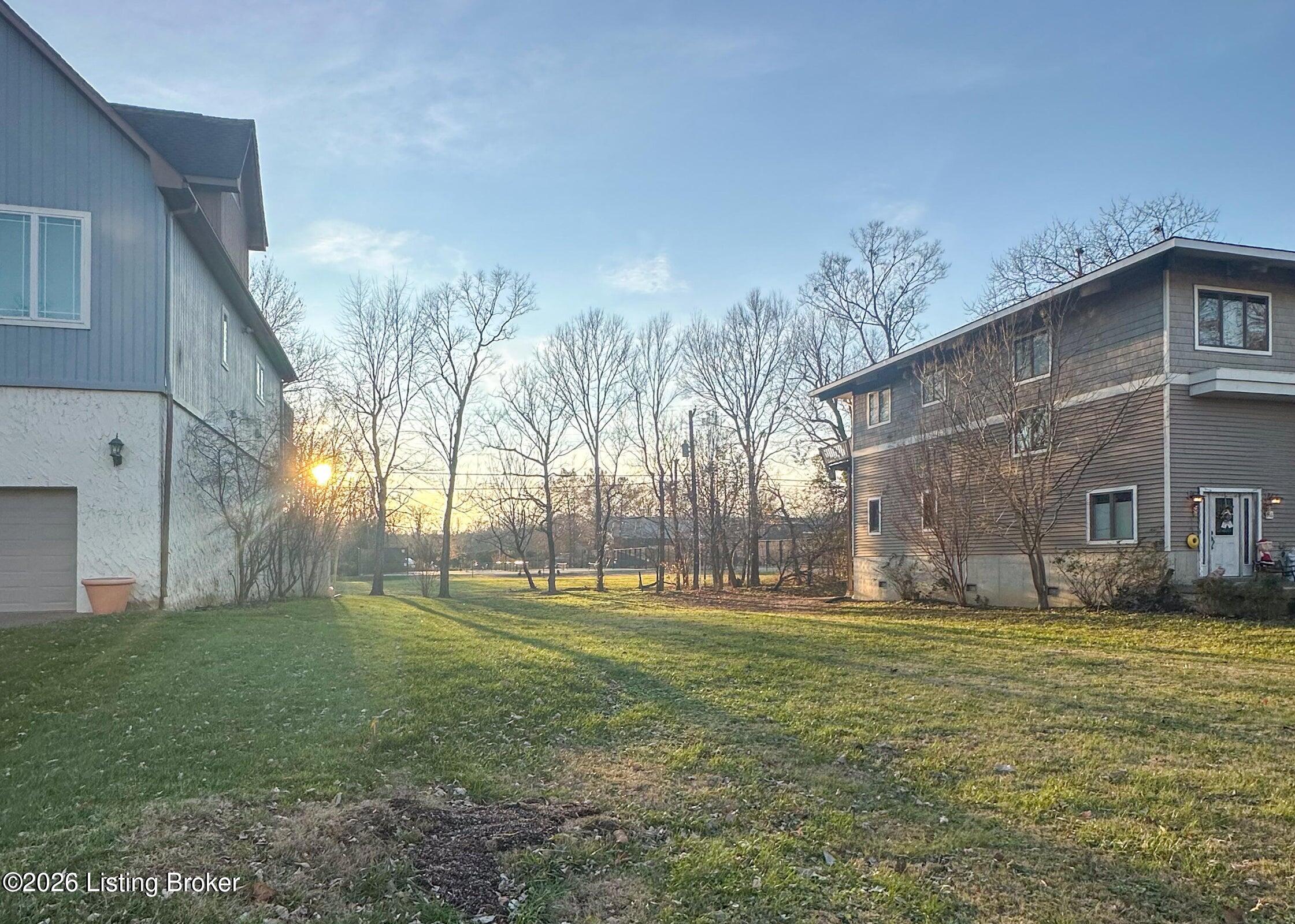 Grassy backyard between two houses, with leafless trees and low golden sunlight.
