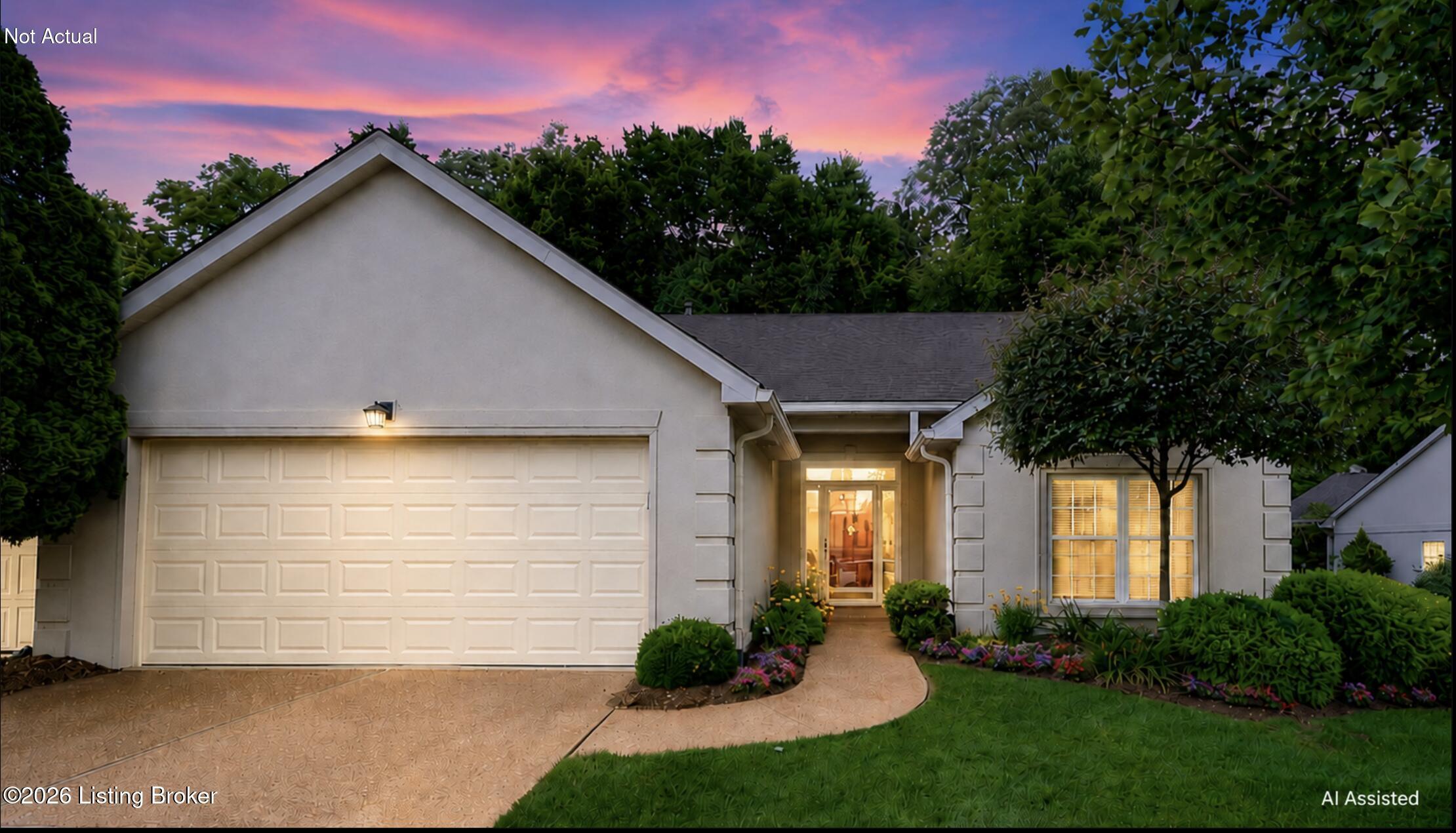Single-story house with a two-car garage and landscaped entry beneath a pink dusk sky.