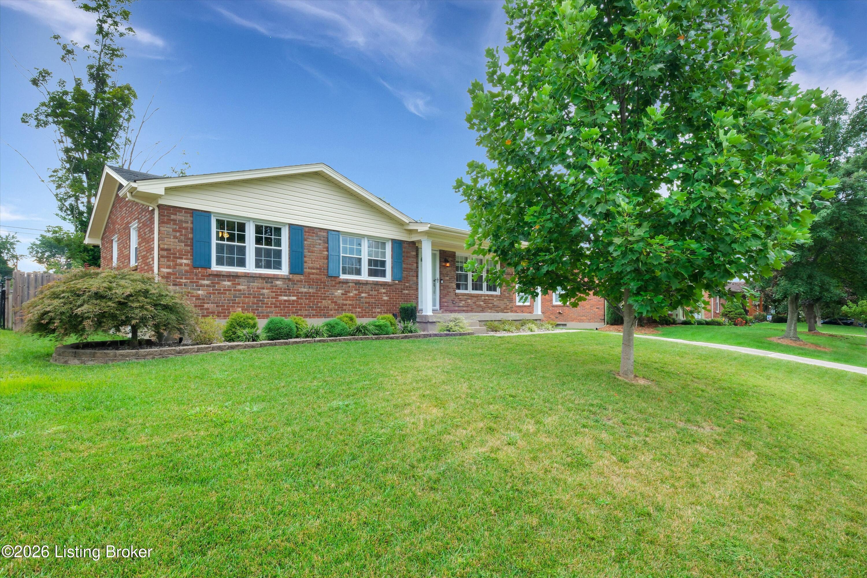 Red brick house with blue shutters, a broad green lawn, and a large leafy tree.