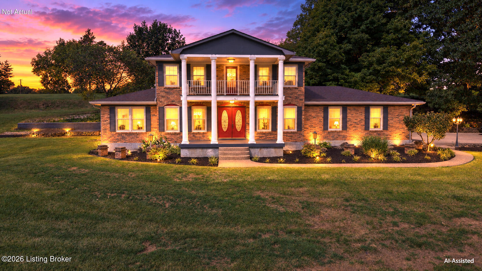 Two-story brick home at dusk with white columns, a balcony, glowing windows, and landscaped grounds.