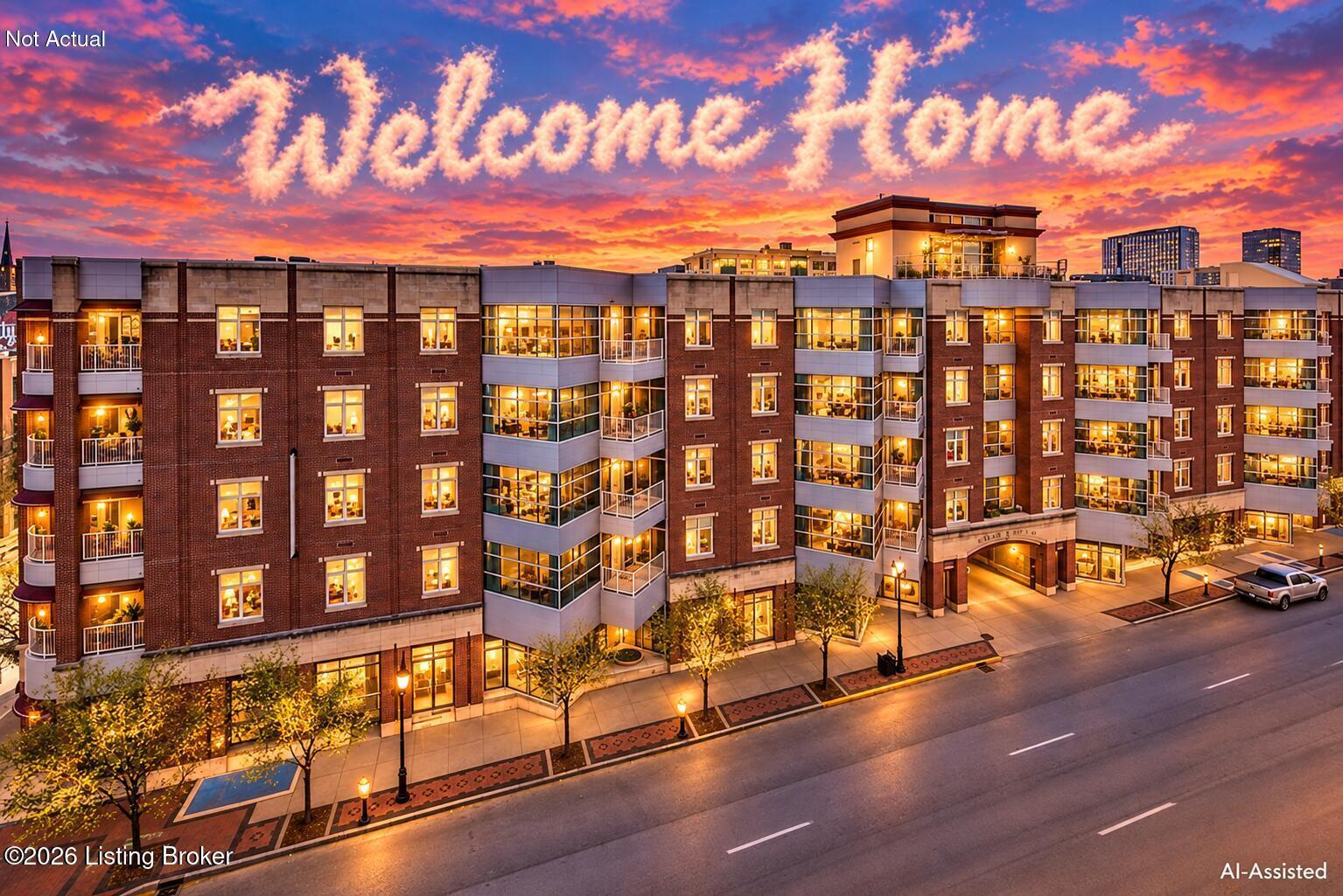 Brick-and-glass apartment building beneath a sunset sky with “Welcome Home” written in clouds.