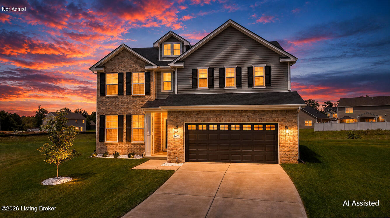 Two-story brick-and-siding house with a two-car garage and glowing windows at dusk.