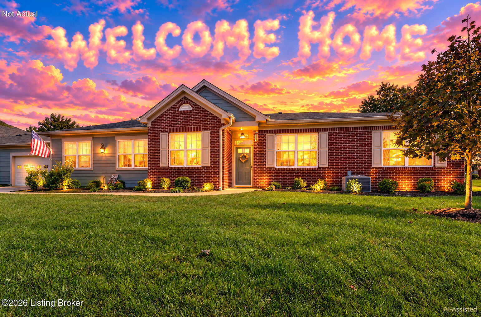 Single-story brick house with glowing windows and an American flag at sunset.