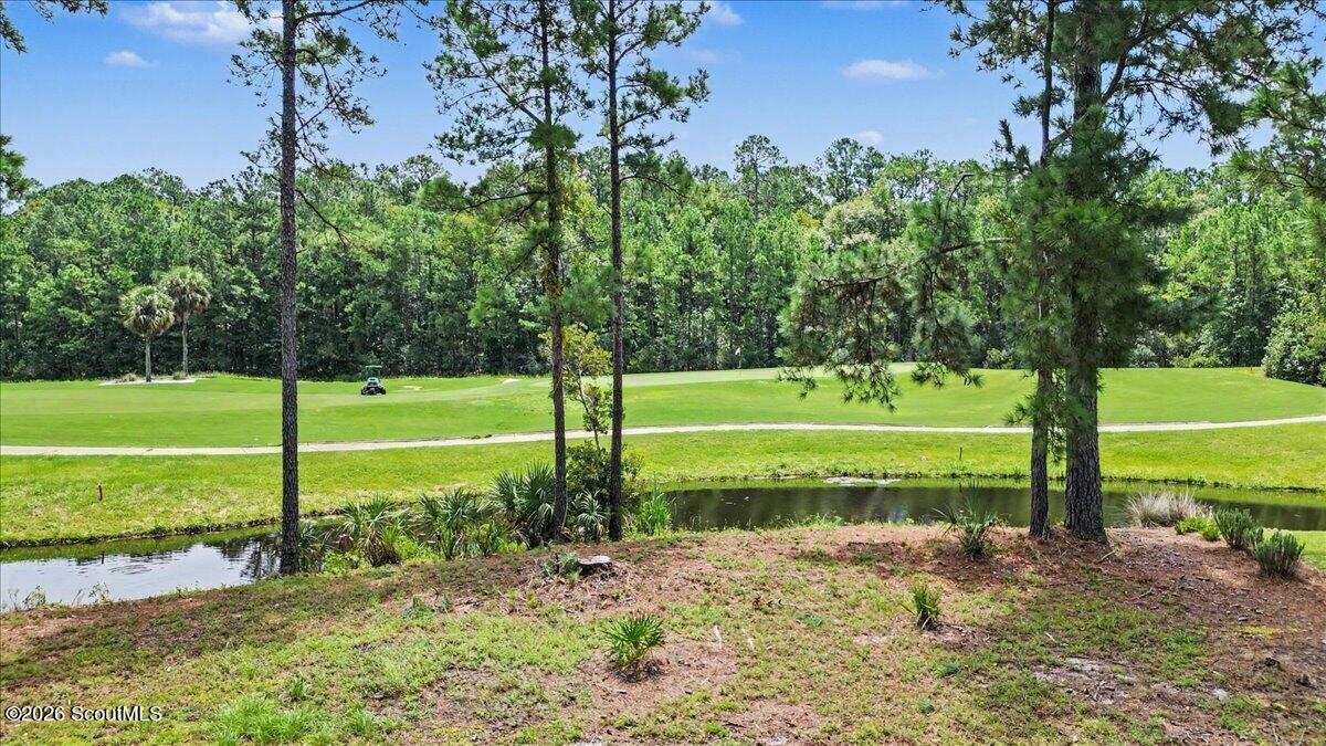 Wooded lot overlooking a golf course and pond, with pine trees in the foreground.