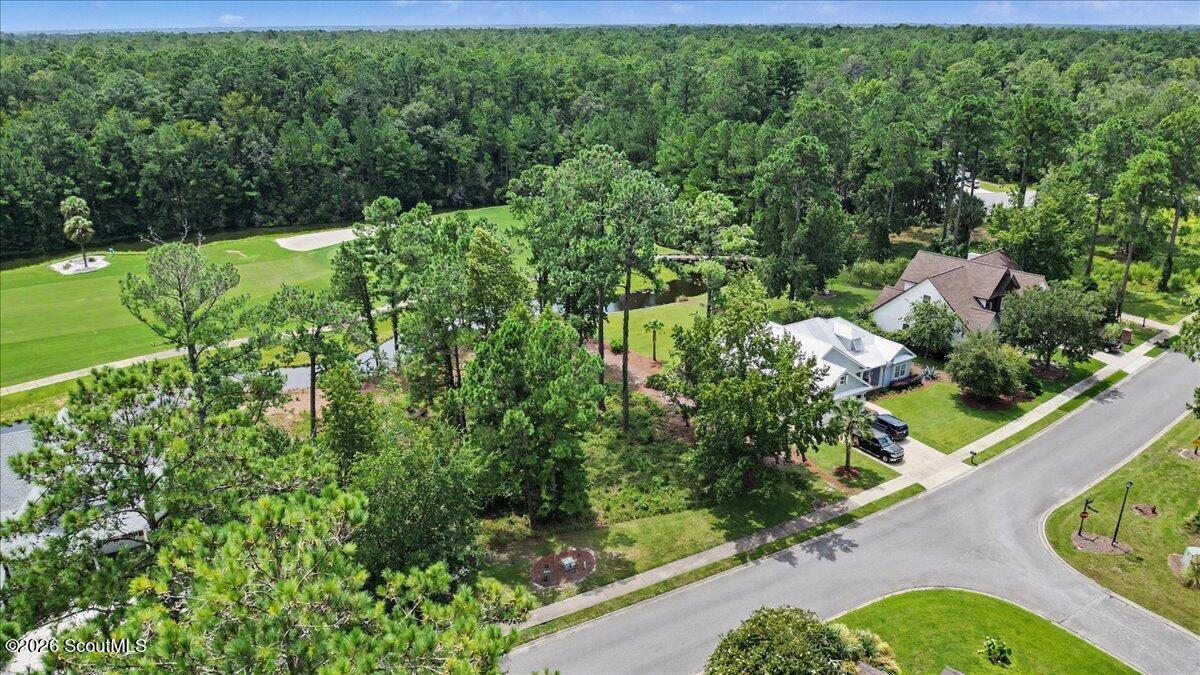 Aerial view of a wooded vacant lot beside a residential street, with neighboring homes and a manicured green nearby.