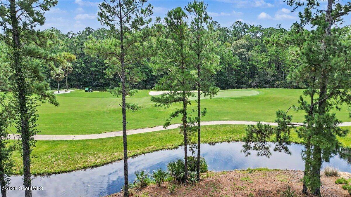 Wooded property overlooking a pond and golf course, framed by tall pine trees.