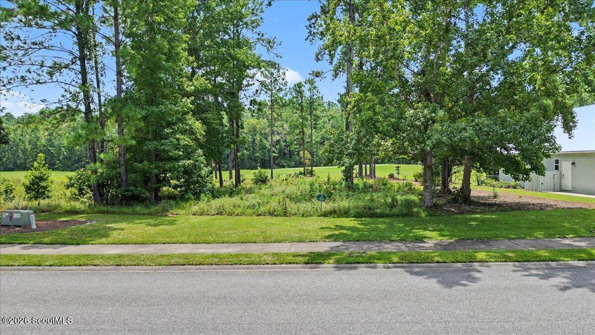 Wooded vacant lot beside a road, with a golf course fairway visible through the trees.