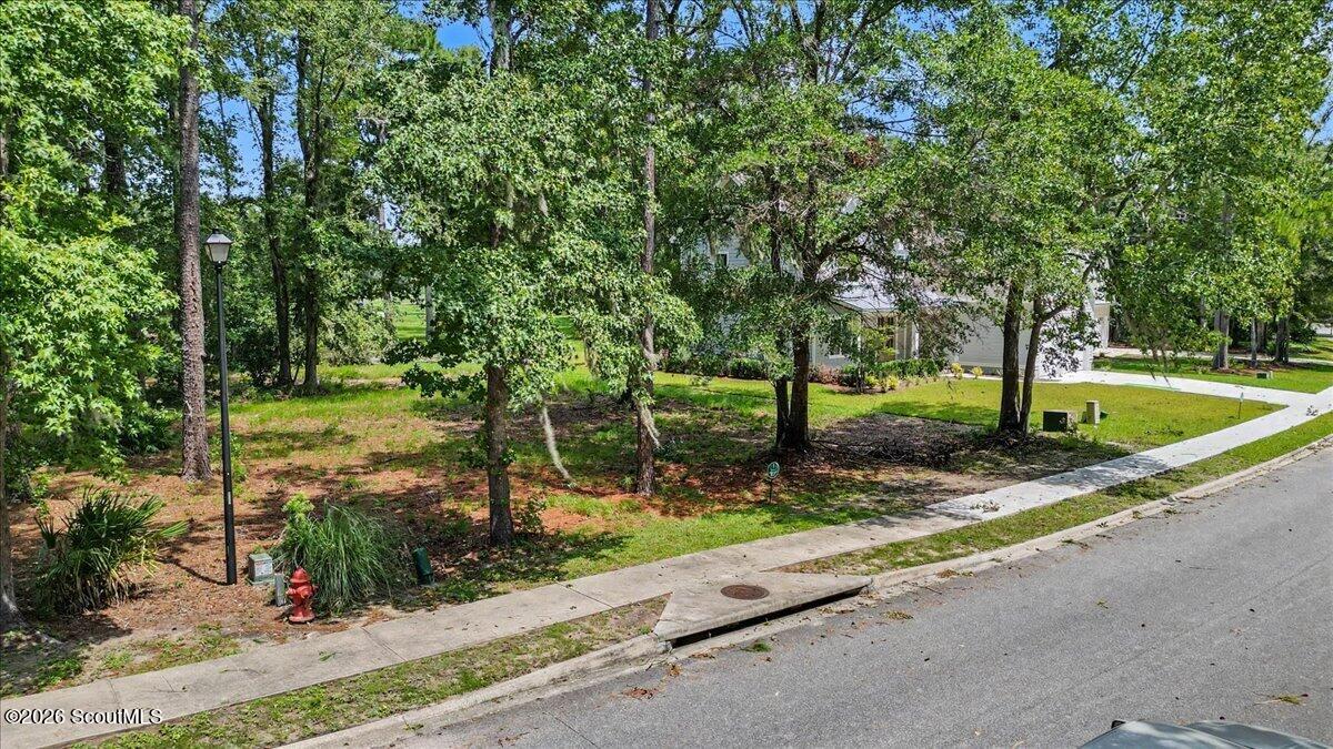 Wooded residential lot beside a sidewalk and street, with mature trees and a house visible behind it.