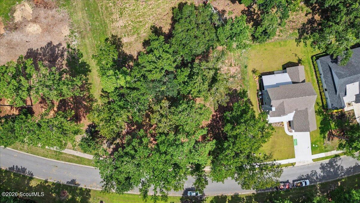 Aerial view of a wooded residential lot beside neighboring homes and a paved street.